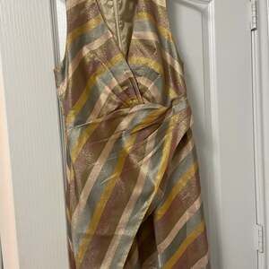 Sweet Rain Metallic Striped V-Neck Faux Wrap Mini Dress